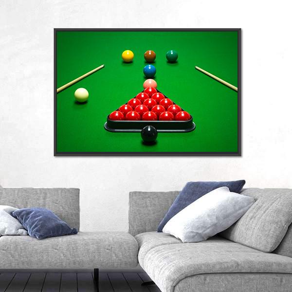 Snooker Balls Set on a Green Table Canvas Wall Art in red and green, framed canvas, product view on a white background