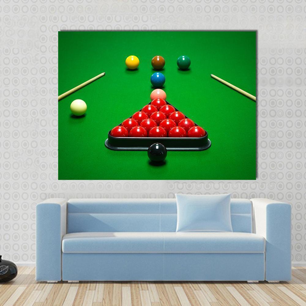 Snooker Balls on Green Table Canvas Wall Art in red and green, single panel hung on a wall