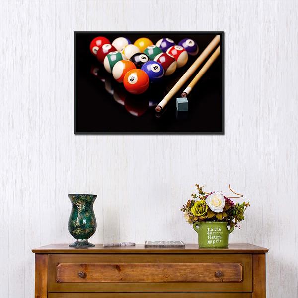 Snooker Balls, Cues, and Chalk Canvas Wall Art in black and multicolor, framed canvas, product view on a white background