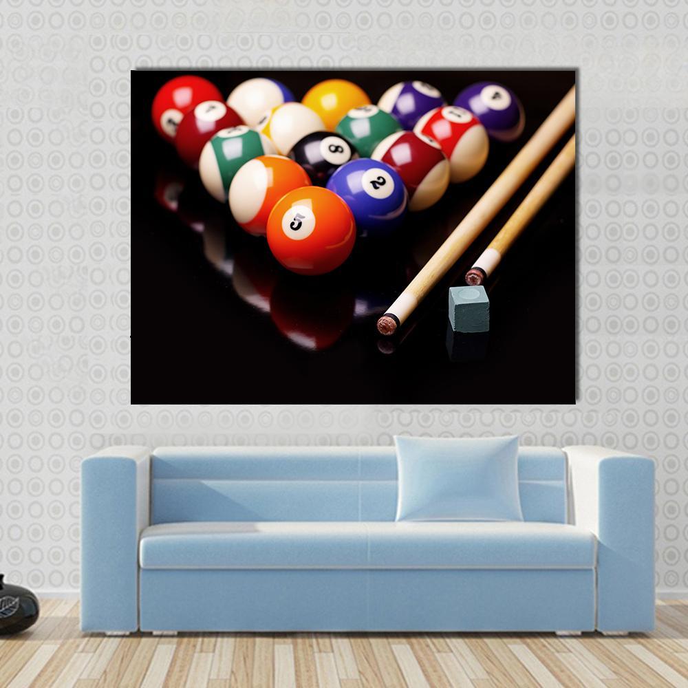 Snooker Equipment Canvas Wall Art in black and multicolor, 5 panel Star layout hung on a wall