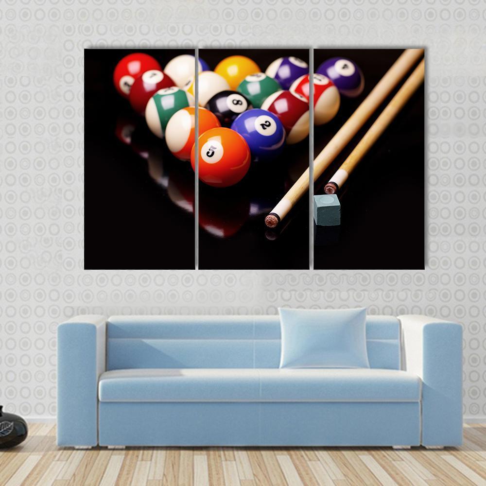 Snooker Equipment Canvas Wall Art in black and multicolor, 5 panel Star layout hung on a wall