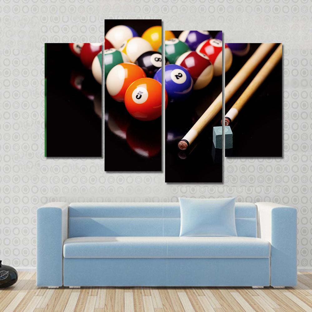 Snooker Equipment Canvas Wall Art in black and multicolor, 4 panel Pop layout hung on a wall