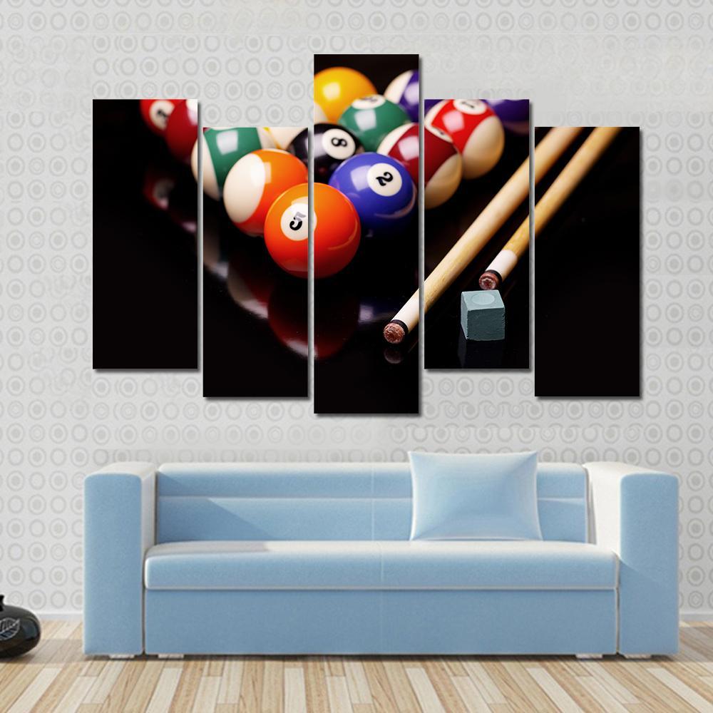 Snooker Equipment Canvas Wall Art in black and multicolor, 5 panel Pop layout hung on a wall
