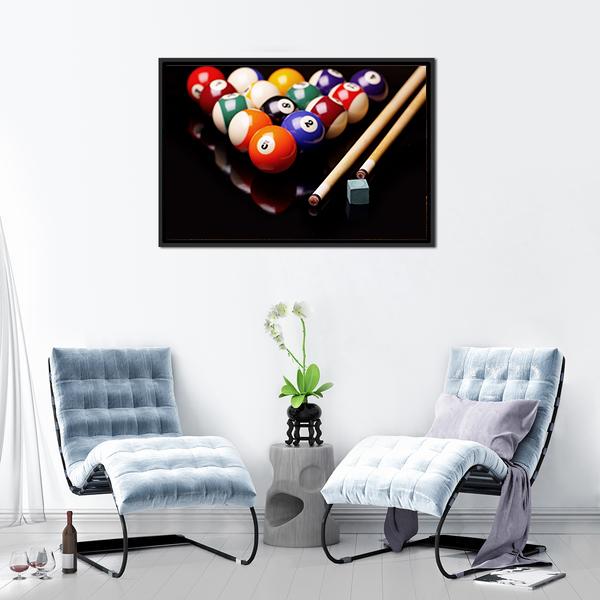 Snooker Equipment Canvas Wall Art in black and multicolor, 5 panel Star layout hung on a wall