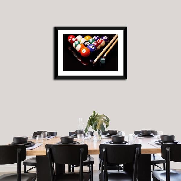 Snooker Equipment Canvas Wall Art in black and multicolor, 5 panel Star layout hung on a wall