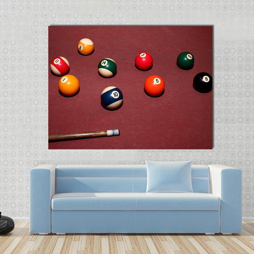 Snooker Pool Canvas Wall Art in red and multicolor, single panel hung on a wall