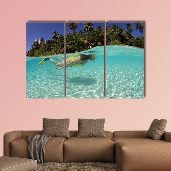 Snorkeler Diving In Blue Lagoon Canvas Wall Art-3 Horizontal-Gallery Wrap-37" x 24"-Tiaracle