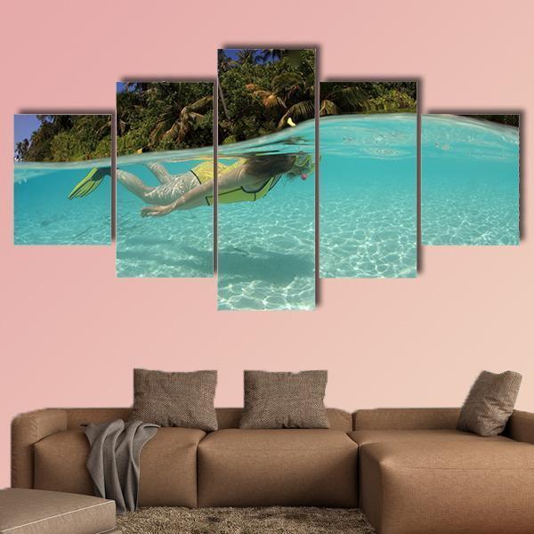 Snorkeler Diving In Blue Lagoon Canvas Wall Art-5 Star-Gallery Wrap-62" x 32"-Tiaracle