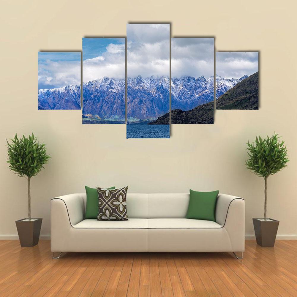Snow Caped Peaks Across Lake Wakatipu Canvas Wall Art-5 Star-Gallery Wrap-62" x 32"-Tiaracle