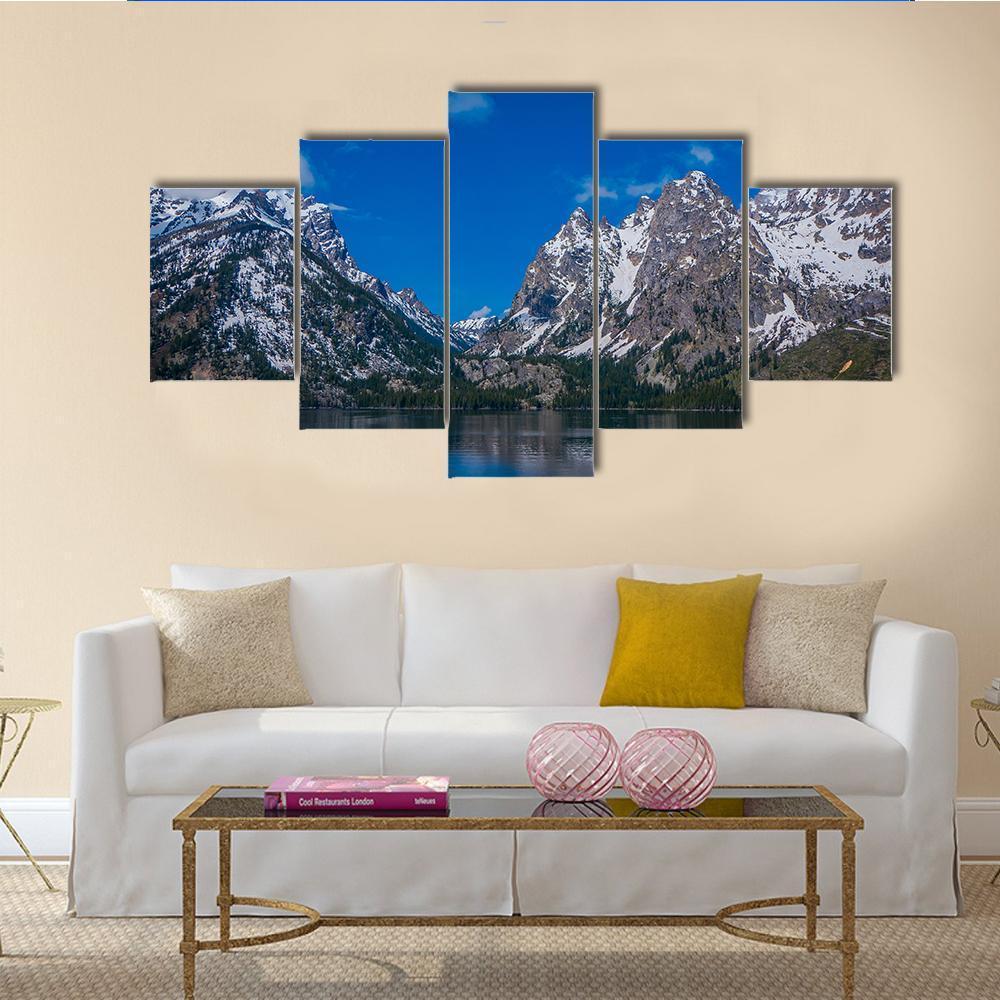 Snow Capped Mountain Reflection In Lake Canvas Wall Art-5 Star-Gallery Wrap-62" x 32"-Tiaracle
