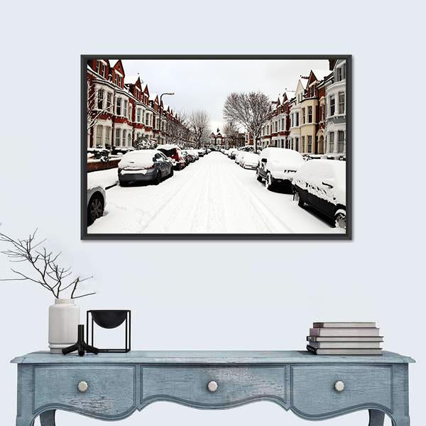 Snow Cityscape Of A Terraced Street in London England Canvas Wall Art-1 Piece-Floating Frame-24" x 16"-Tiaracle