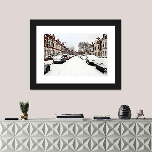 Snow Cityscape Of A Terraced Street in London England Canvas Wall Art-1 Piece-Framed Print-20" x 16"-Tiaracle