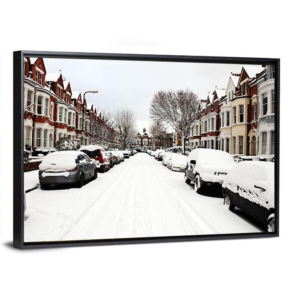 Snow Cityscape Of A Terraced Street in London England Canvas Wall Art-3 Horizontal-Gallery Wrap-25" x 16"-Tiaracle