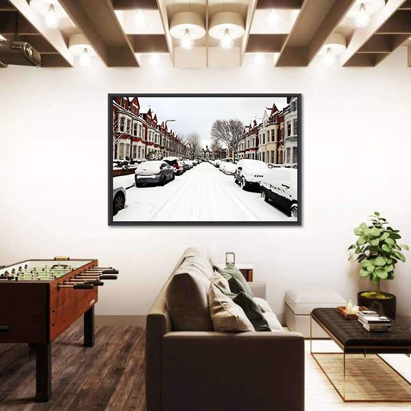 Snow Cityscape Of A Terraced Street in London England Canvas Wall Art-3 Horizontal-Gallery Wrap-25" x 16"-Tiaracle