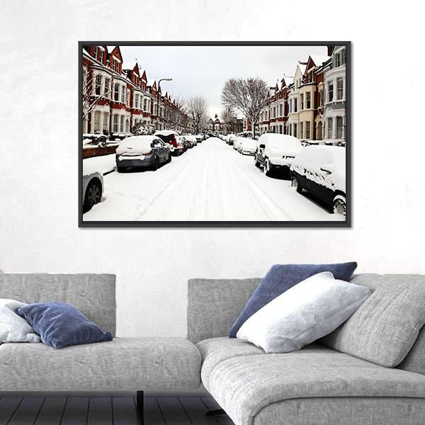 Snow Cityscape Of A Terraced Street in London England Canvas Wall Art-3 Horizontal-Gallery Wrap-25" x 16"-Tiaracle