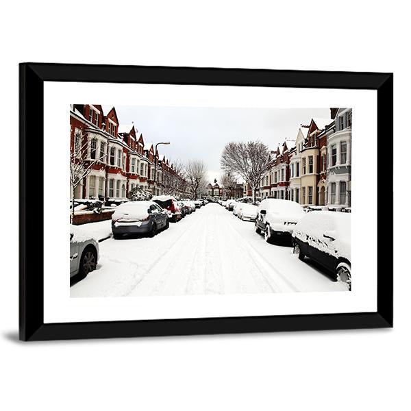 Snow Cityscape Of A Terraced Street in London England Canvas Wall Art-3 Horizontal-Gallery Wrap-25" x 16"-Tiaracle