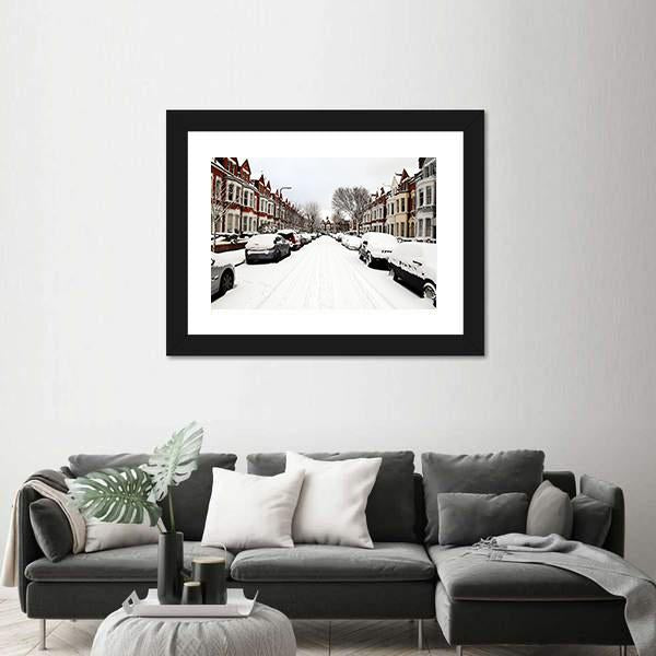 Snow Cityscape Of A Terraced Street in London England Canvas Wall Art-3 Horizontal-Gallery Wrap-25" x 16"-Tiaracle