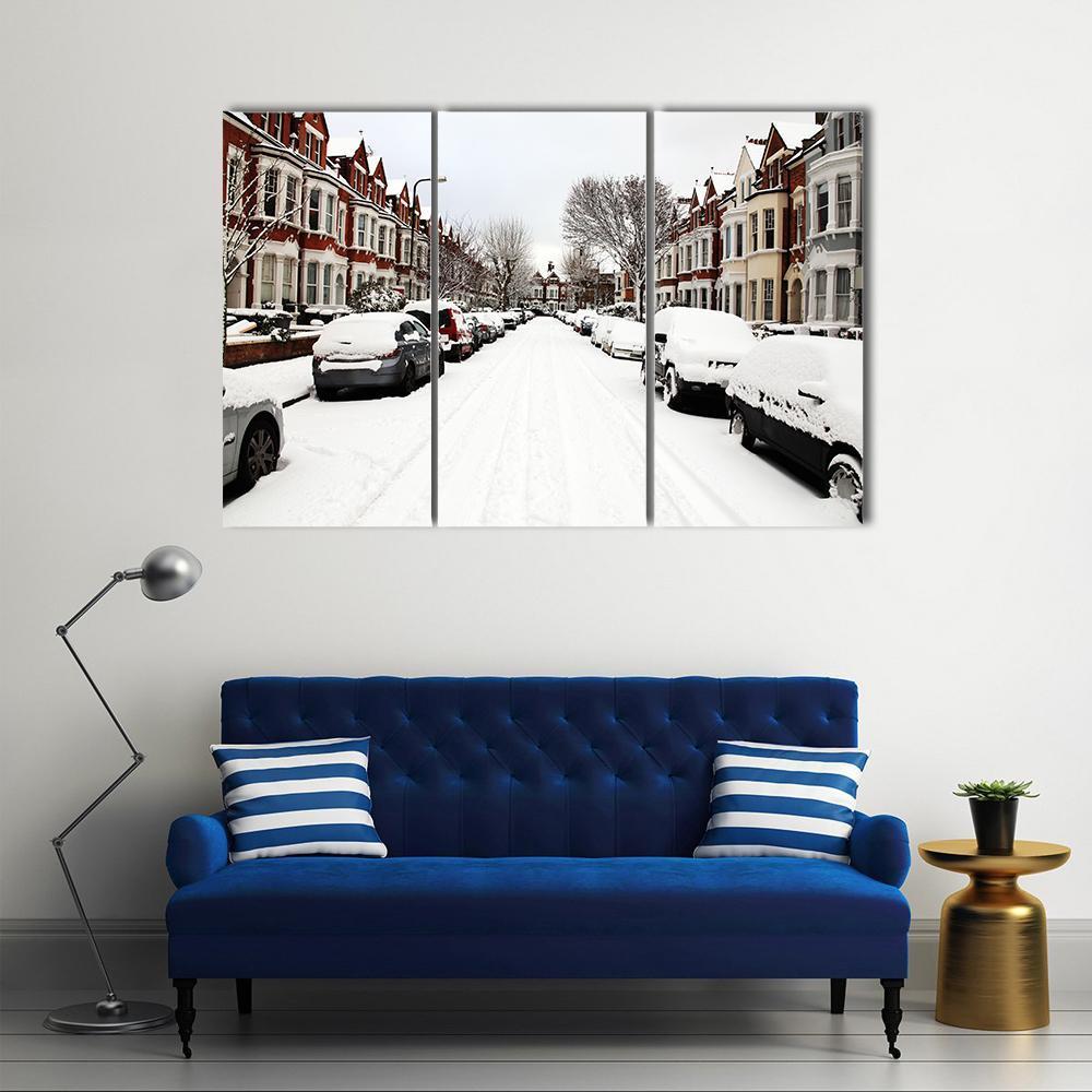 Snow Cityscape Of A Terraced Street in London England Canvas Wall Art-3 Horizontal-Gallery Wrap-37" x 24"-Tiaracle