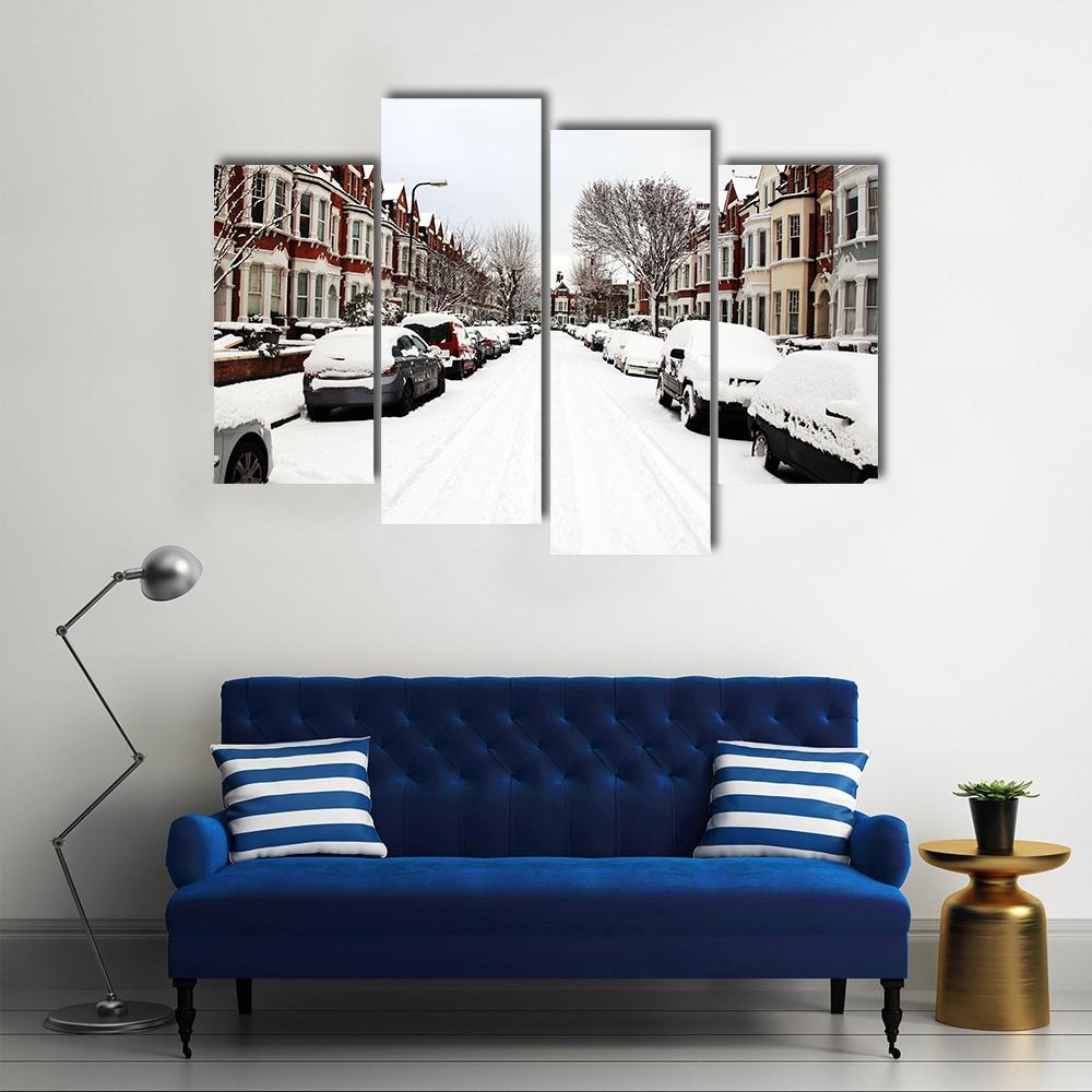 Snow Cityscape Of A Terraced Street in London England Canvas Wall Art-4 Pop-Gallery Wrap-50" x 32"-Tiaracle