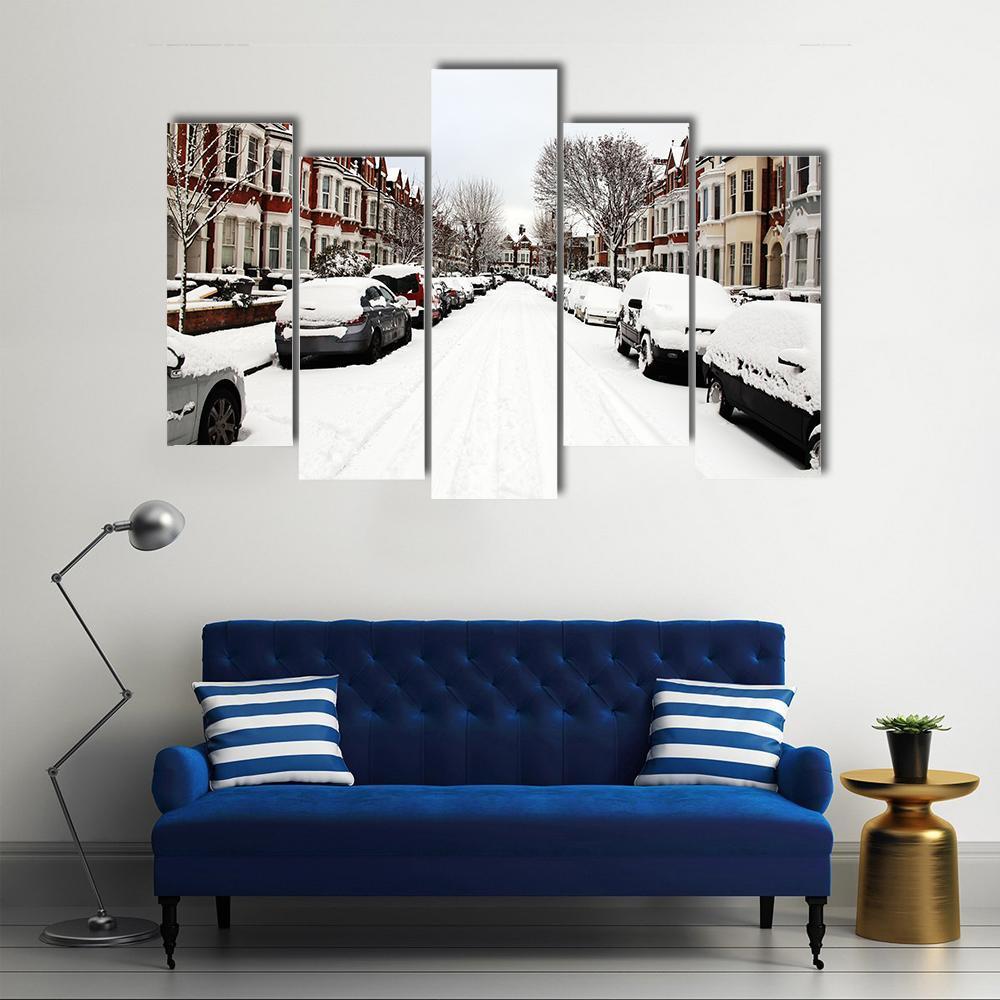 Snow Cityscape Of A Terraced Street in London England Canvas Wall Art-5 Pop-Gallery Wrap-47" x 32"-Tiaracle
