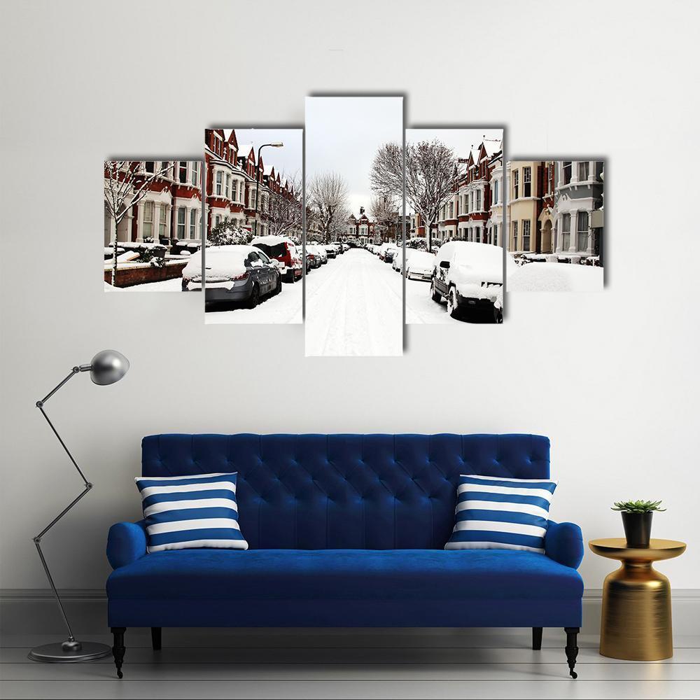 Snow Cityscape Of A Terraced Street in London England Canvas Wall Art-5 Star-Gallery Wrap-62" x 32"-Tiaracle