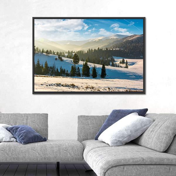 Snow Covered Forested Hills Panoramic Canvas Wall Art-1 Piece-36" x 12"-Tiaracle