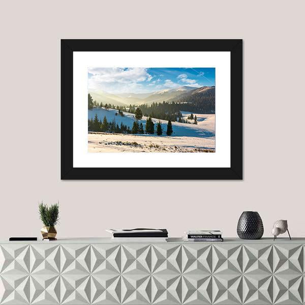 Snow Covered Forested Hills Panoramic Canvas Wall Art-1 Piece-36" x 12"-Tiaracle