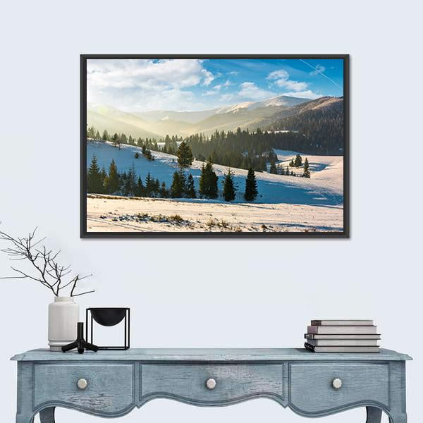 Snow Covered Forested Hills Panoramic Canvas Wall Art-1 Piece-36" x 12"-Tiaracle