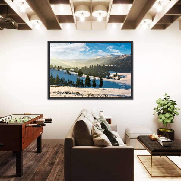 Snow Covered Forested Hills Panoramic Canvas Wall Art-1 Piece-36" x 12"-Tiaracle