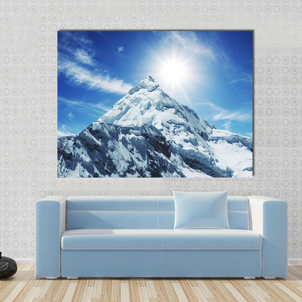 Snow Covered High Mountain in Cordilleras Canvas Wall Art in white and blue, single panel hung on a wall