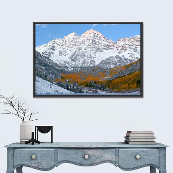 Snow Covered Maroon Bells Mountains Canvas Wall Art-1 Piece-Floating Frame-24" x 16"-Tiaracle