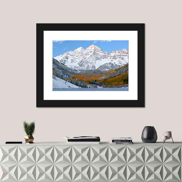 Snow Covered Maroon Bells Mountains Canvas Wall Art-1 Piece-Framed Print-20" x 16"-Tiaracle
