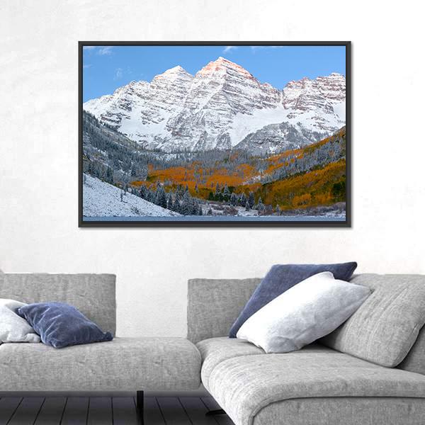 Snow Covered Maroon Bells Mountains Canvas Wall Art-3 Horizontal-Gallery Wrap-25" x 16"-Tiaracle
