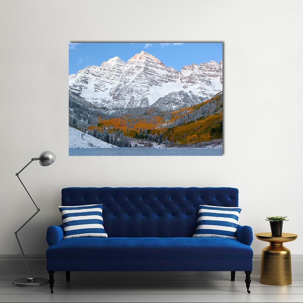 Snowy Maroon Bells Mountains at Daytime Canvas Wall Art in white, gray and blue, single panel hung on a wall