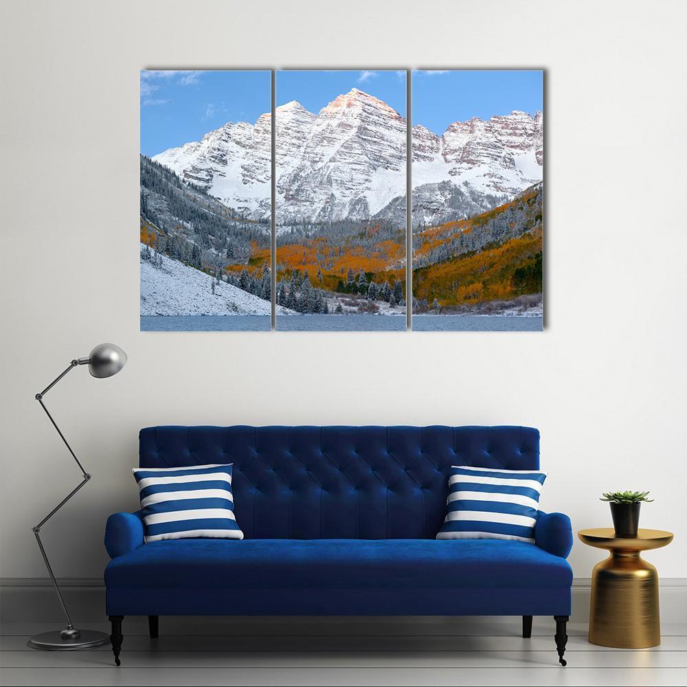 Snow Covered Maroon Bells Mountains Canvas Wall Art-3 Horizontal-Gallery Wrap-37" x 24"-Tiaracle