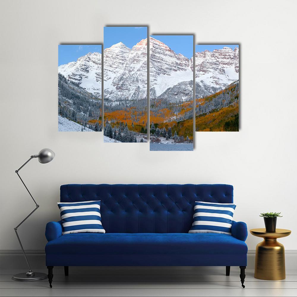 Snow Covered Maroon Bells Mountains Canvas Wall Art-4 Pop-Gallery Wrap-50" x 32"-Tiaracle