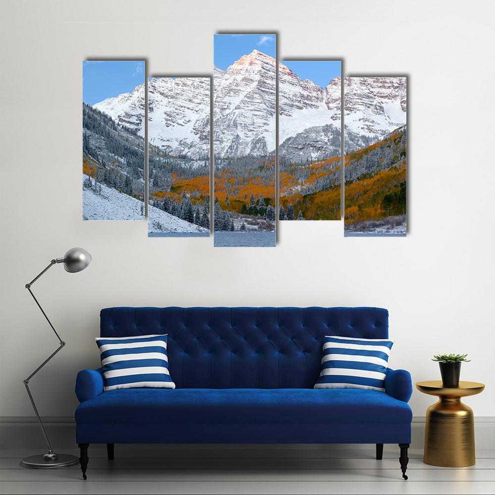Snow Covered Maroon Bells Mountains Canvas Wall Art-5 Pop-Gallery Wrap-47" x 32"-Tiaracle