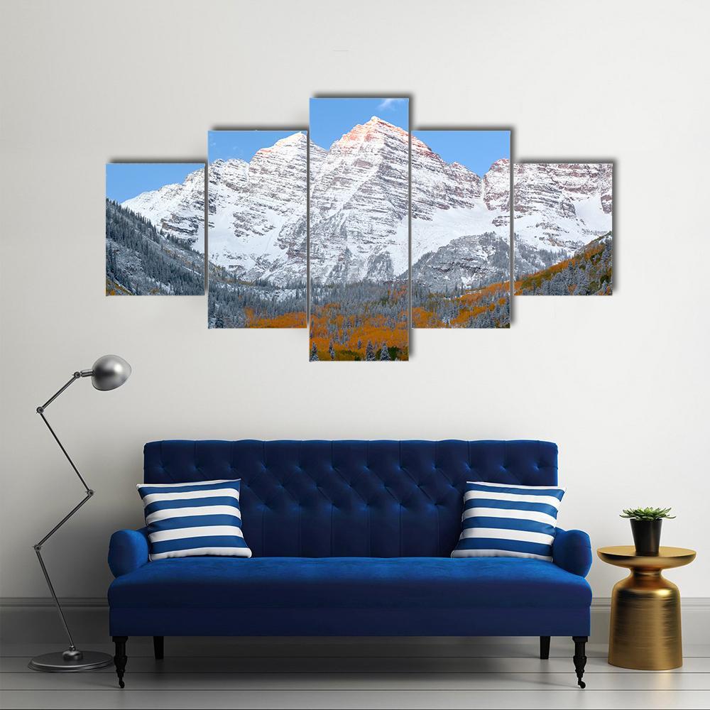 Snow Covered Maroon Bells Mountains Canvas Wall Art-5 Star-Gallery Wrap-62" x 32"-Tiaracle