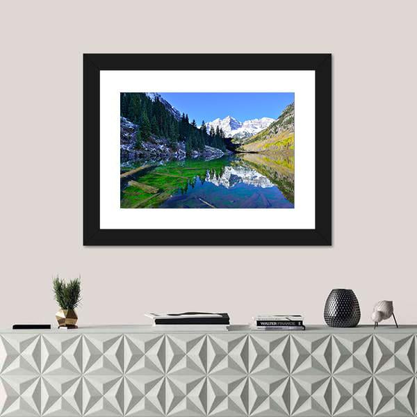 Snow Covered Mountains Reflecting In The Lake Canvas Wall Art-1 Piece-Framed Print-20" x 16"-Tiaracle