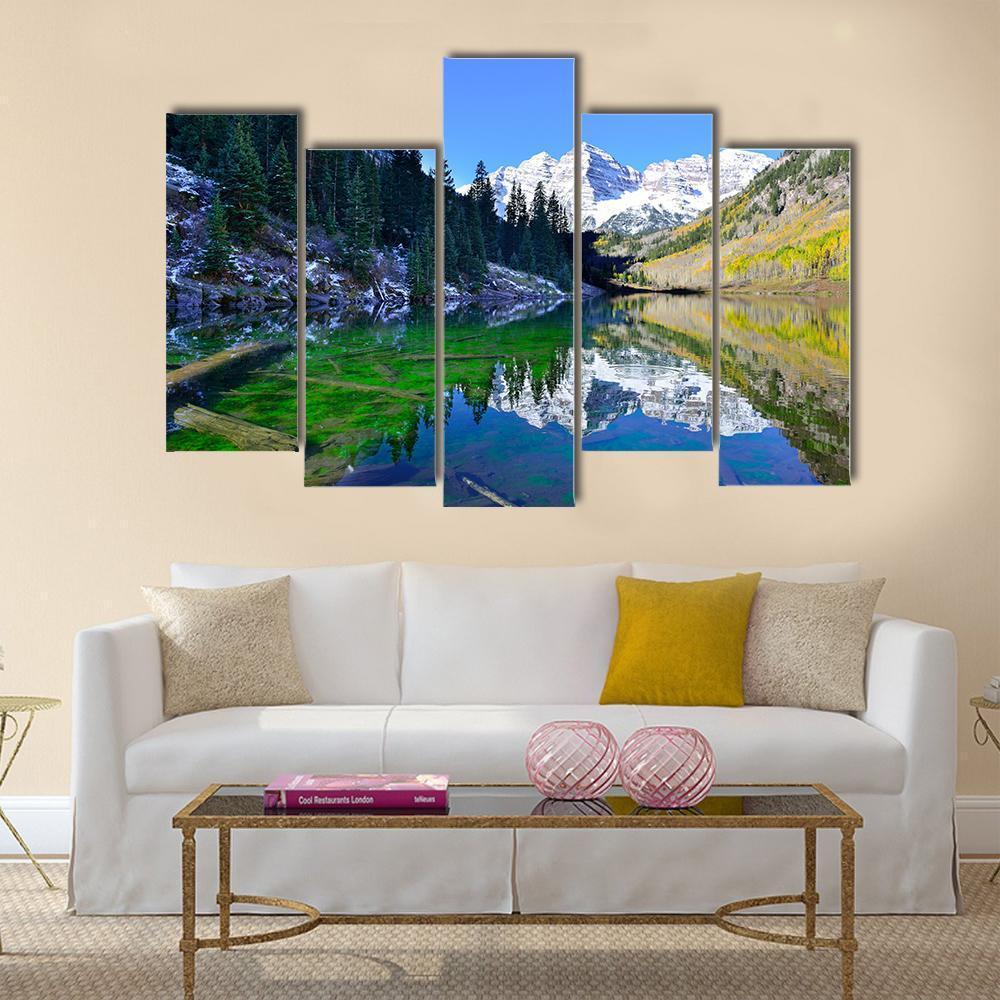 Snow Covered Mountains Reflecting In The Lake Canvas Wall Art-5 Pop-Gallery Wrap-47" x 32"-Tiaracle