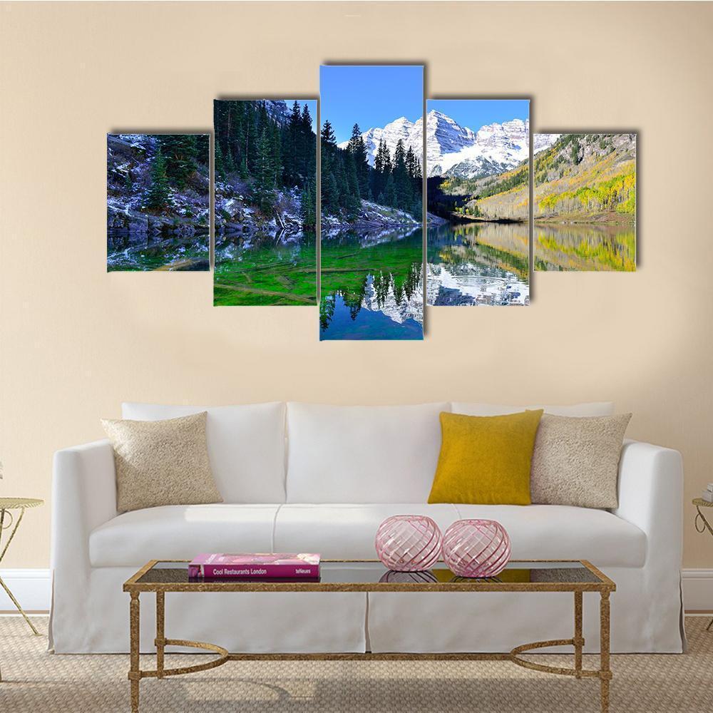Snow Covered Mountains Reflecting In The Lake Canvas Wall Art-5 Star-Gallery Wrap-62" x 32"-Tiaracle