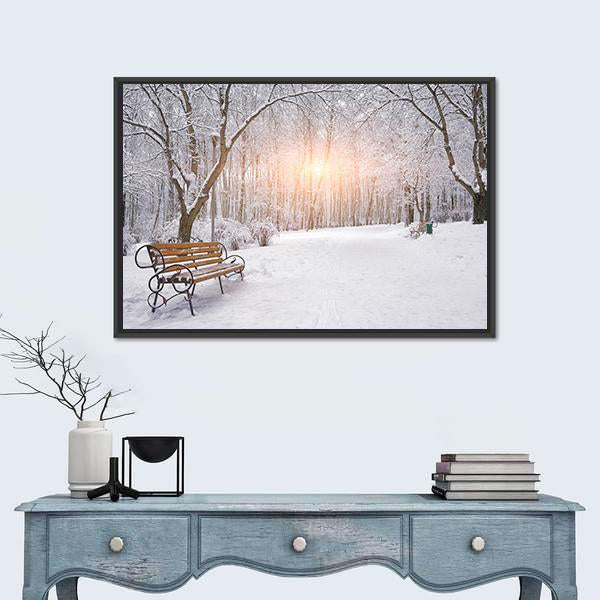 Snow Covered Trees And Benches In The City Park Sunset Canvas Wall Art-1 Piece-Floating Frame-24" x 16"-Tiaracle