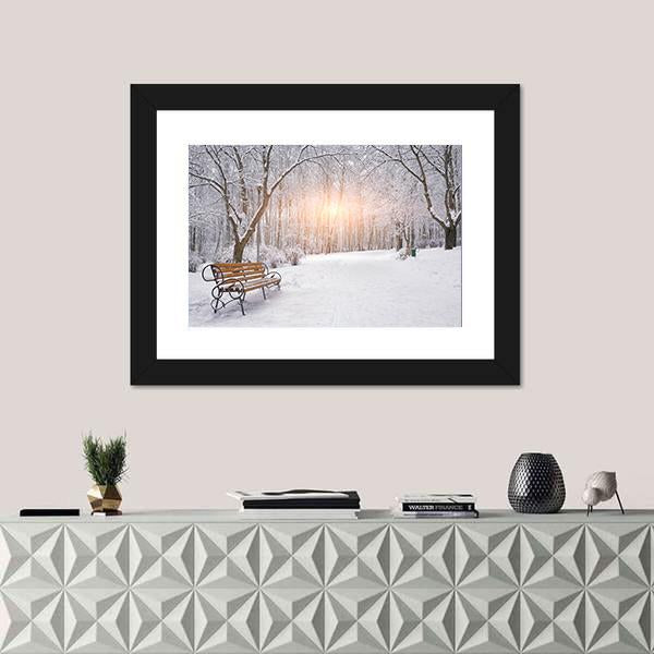 Snow Covered Trees And Benches In The City Park Sunset Canvas Wall Art-1 Piece-Framed Print-20" x 16"-Tiaracle