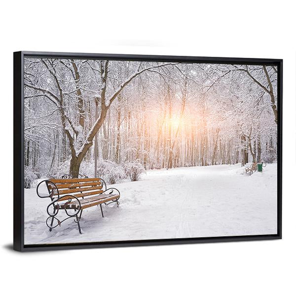 Snow Covered Trees And Benches In The City Park Sunset Canvas Wall Art-3 Horizontal-Gallery Wrap-25" x 16"-Tiaracle
