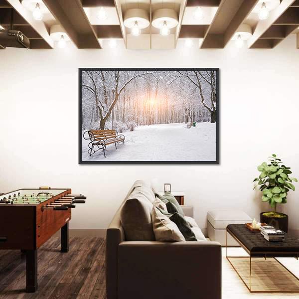 Snow Covered Trees And Benches In The City Park Sunset Canvas Wall Art-3 Horizontal-Gallery Wrap-25" x 16"-Tiaracle