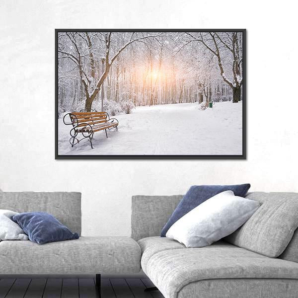 Snow Covered Trees And Benches In The City Park Sunset Canvas Wall Art-3 Horizontal-Gallery Wrap-25" x 16"-Tiaracle