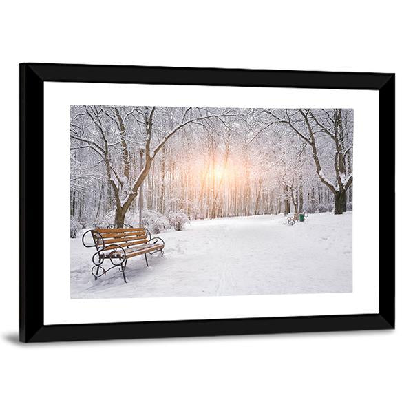 Snow Covered Trees And Benches In The City Park Sunset Canvas Wall Art-3 Horizontal-Gallery Wrap-25" x 16"-Tiaracle
