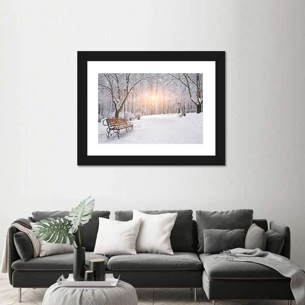 Snow Covered Trees And Benches In The City Park Sunset Canvas Wall Art-3 Horizontal-Gallery Wrap-25" x 16"-Tiaracle