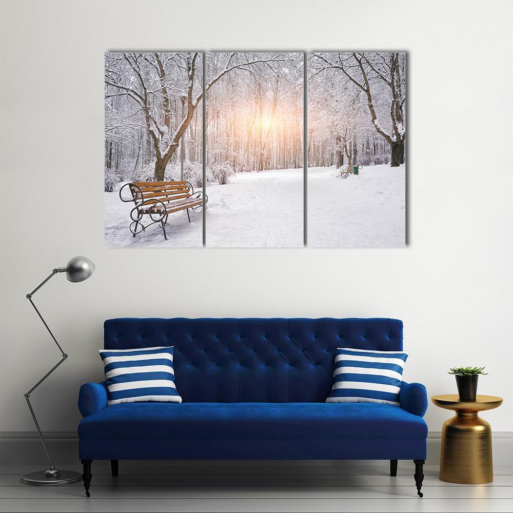 Snow Covered Trees And Benches In The City Park Sunset Canvas Wall Art-3 Horizontal-Gallery Wrap-37" x 24"-Tiaracle