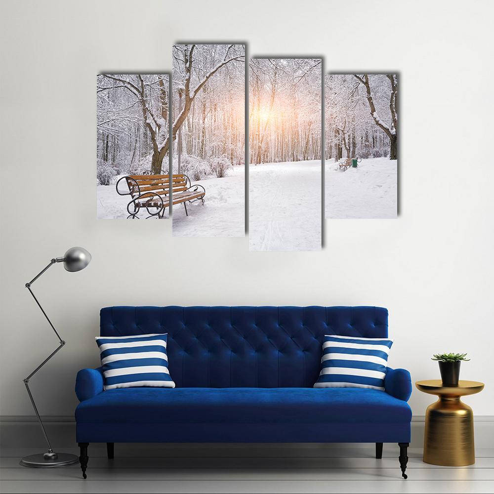 Snow Covered Trees And Benches In The City Park Sunset Canvas Wall Art-4 Pop-Gallery Wrap-50" x 32"-Tiaracle